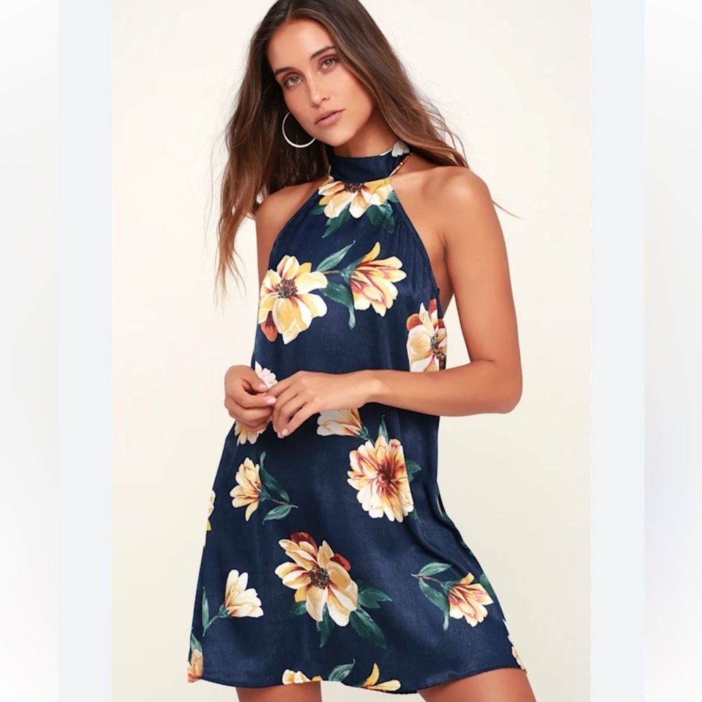 Lulus Barranquilla Navy Blue Floral Print Satin Halter Swing Dress Size XL